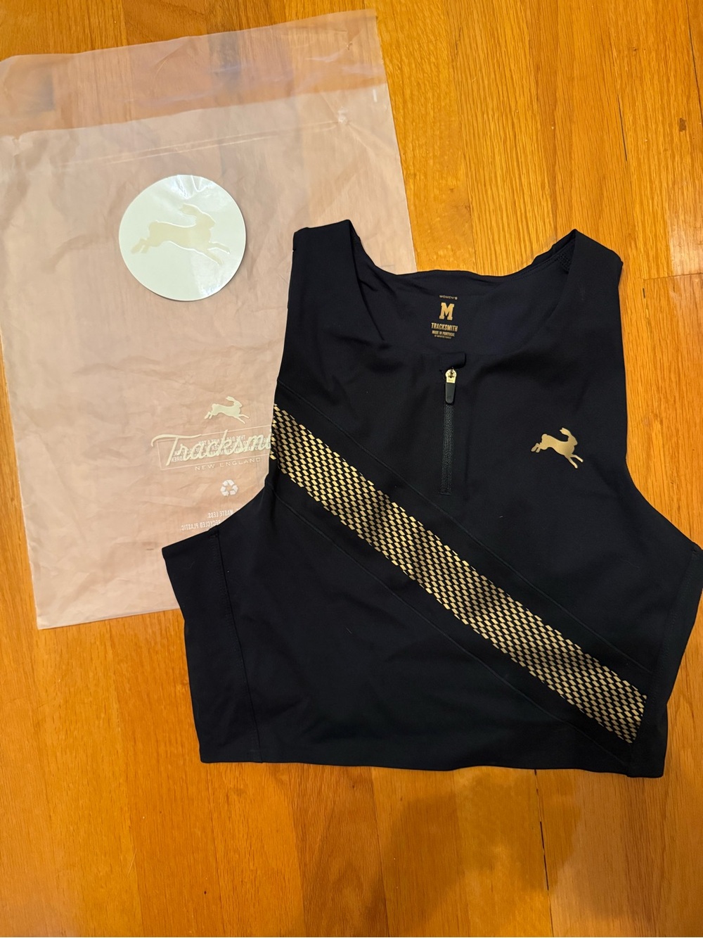 Tracksmith Black Crop Top with Gold Diagonal Stripe 2026 nwot